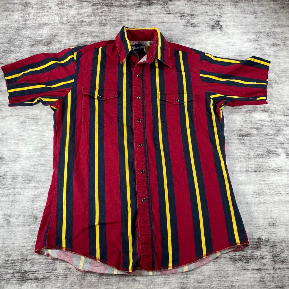 Wrangler Western Shirt Mens Medium Red Navy Yellow Stripe Pearl Snap MS3093A